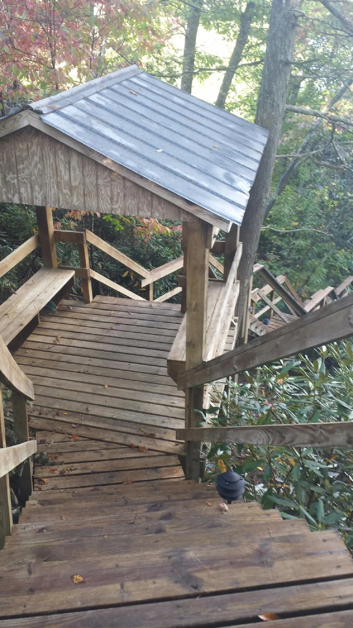 Metal roofed shelter over wooden steps on a wooded walkway — Skylight Repair & Installation work by our crew in Fortville